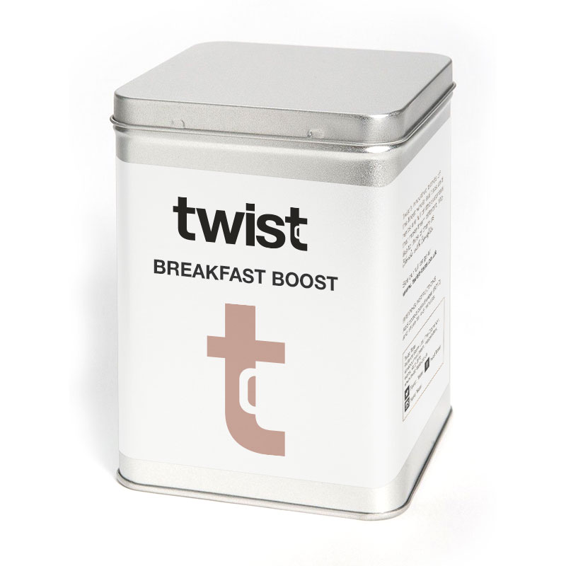 A caddy of Twist Teas quality Breakfast Boost.