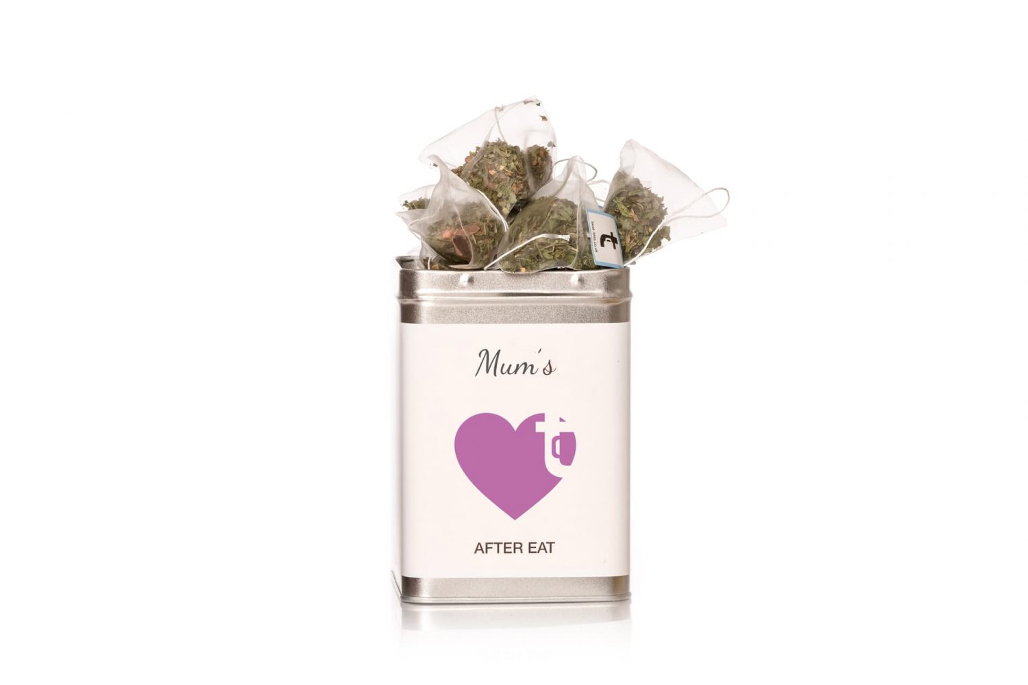 A personalised Tea Caddy for Mother's Day, with tea bags bursting from the top.