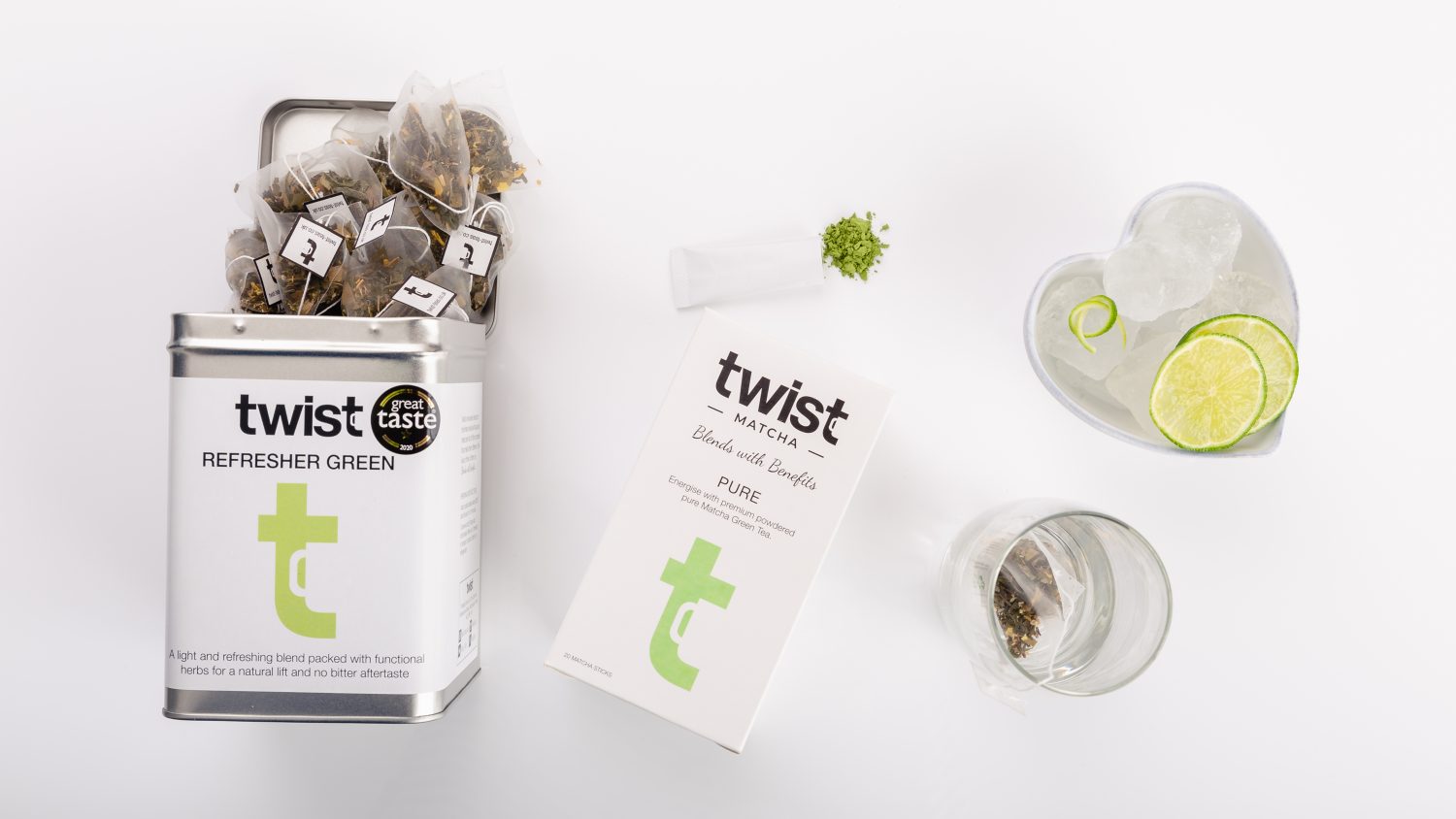 Twist Tea Great Taste Award 'Refresher Green' Tea, accompanied by the recommended Matcha blend.