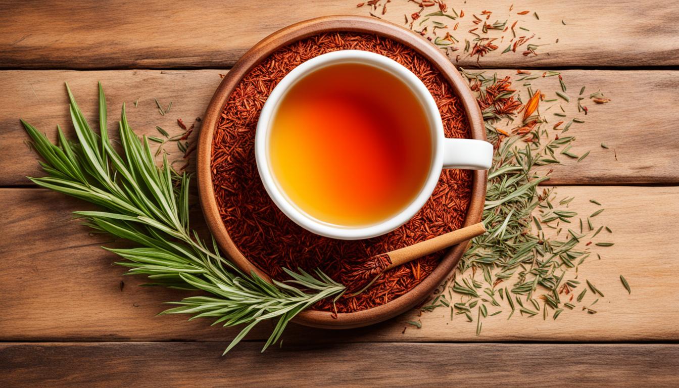 A birds-eye photograph of a Rooibos tea, with a rosemary branch next to it to add value to the image.
