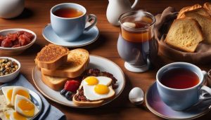A range of breakfast foods spread amongst the English Breakfast tea, highlighting a pleasurable experience for those who drink Twist Teas.