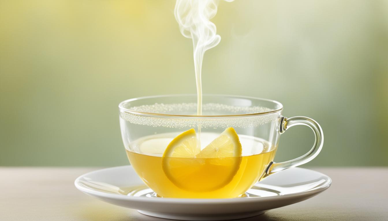 A soothing high-quality cup of steaming lemon ginger and honey tea photographed against a blurred background. 